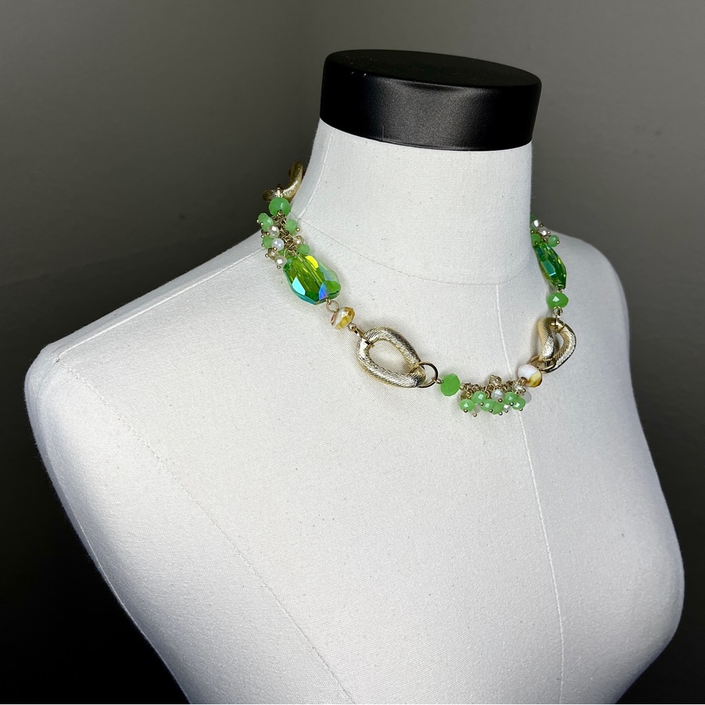 Vintage Gold Link Green Glass Necklace Jewelry Beads Cocktail Y2K Statement Rare - Picture 9 of 14